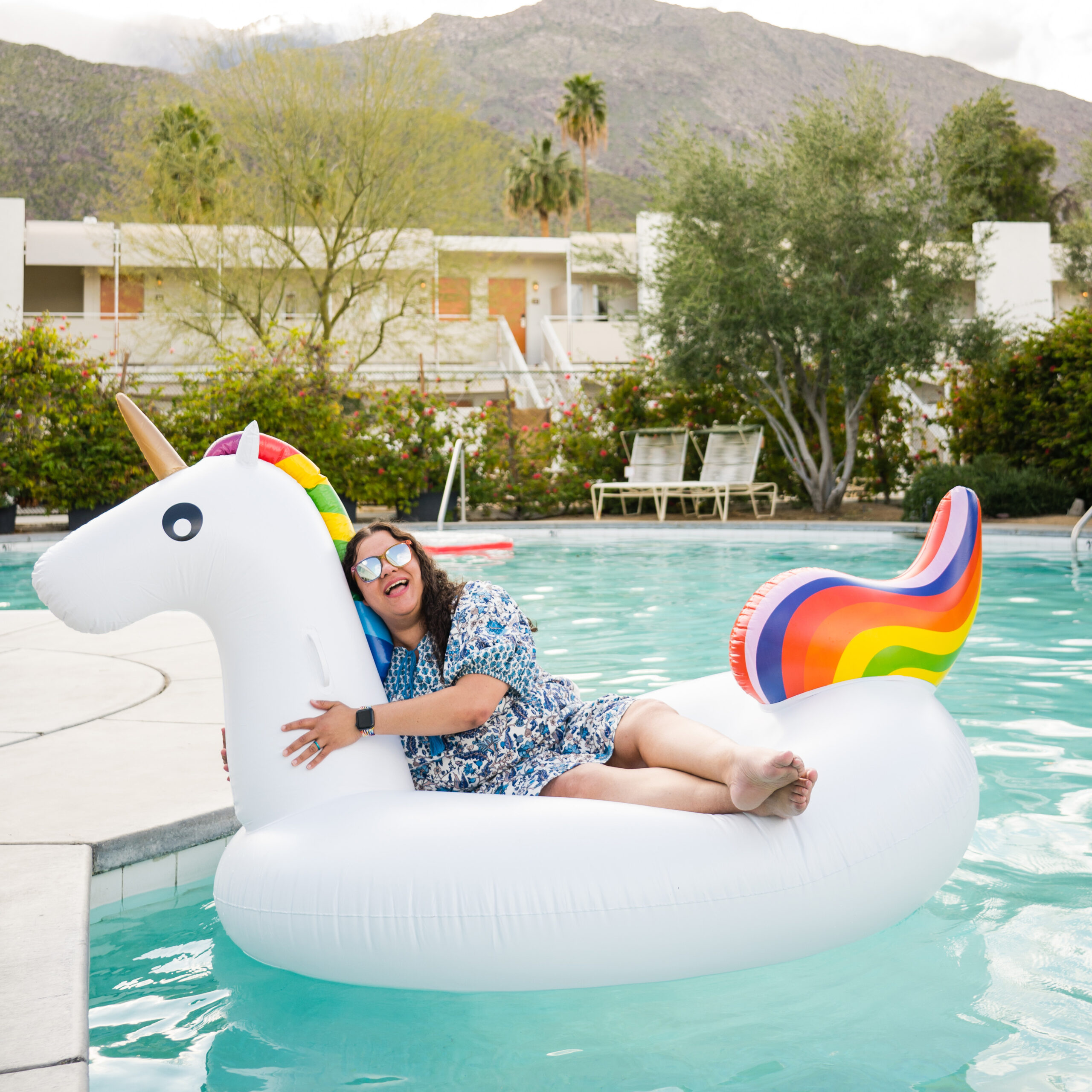 Colie James on a Unicorn Floatie in a Palm Spring pool